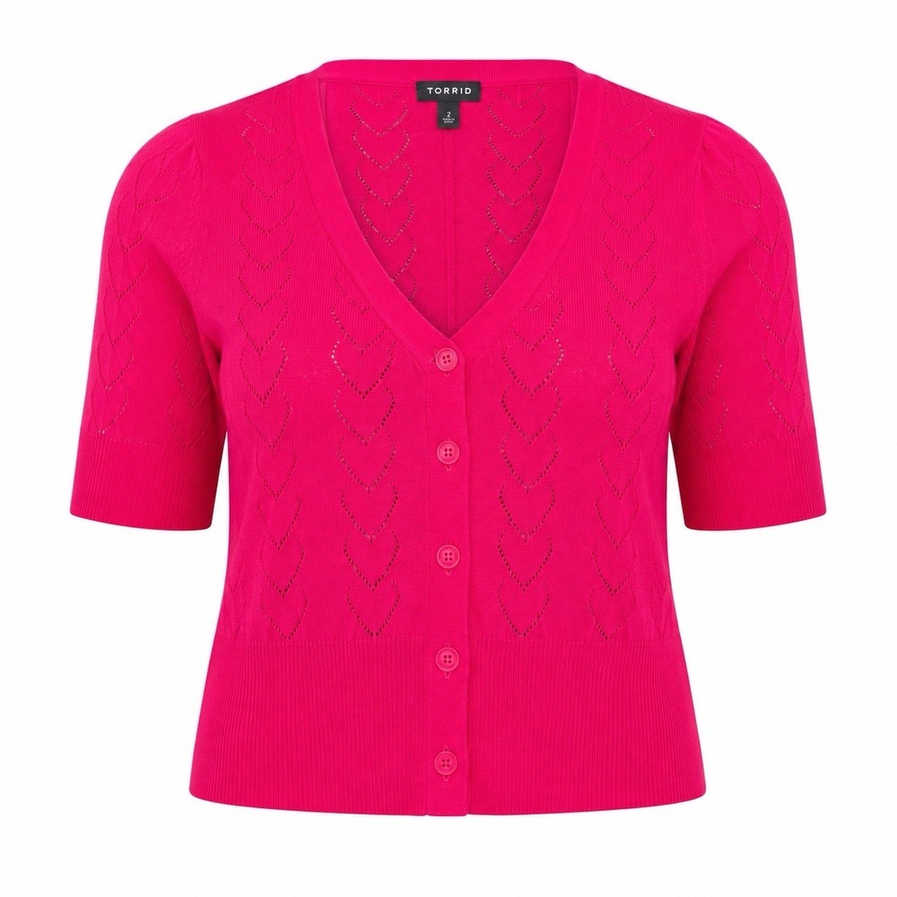 Torrid Size 2 Hot Pink Pointelle Knit Short Sleeve Button Cardigan